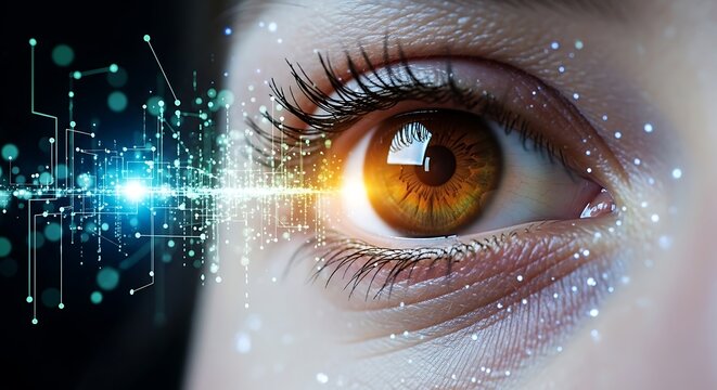 Hazel Eye Glimpse into Digital Future with Glowing Network and Data Stream