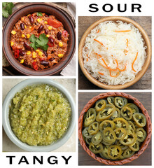 Foods with sour or tangy taste, collage. Top view