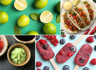 Foods with sour or tangy taste, collage. Top view