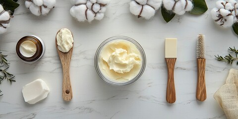 Creamy beef tallow in a bowl with wooden tools and cotton branches  
