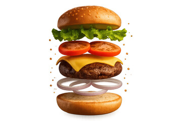 A delicious floating burger with fresh ingredients isolated on a transparent background