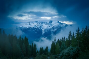 Majestic snow capped mountain peak emerges from swirling dramatic clouds under a deep blue twilight sky with a beam of light illuminating the summit surrounded by dark evergreen trees