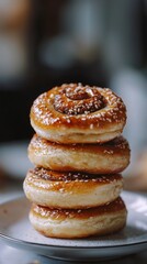 Sticky buns stacked on a plate with a glossy glaze background  