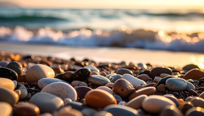 Close-up view of smooth, colorful pebbles on a beach at sunrise, with soft waves gently lapping in the background.