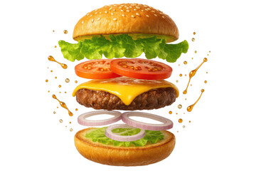Deconstructed cheeseburger isolated on transparent background, tasty.
