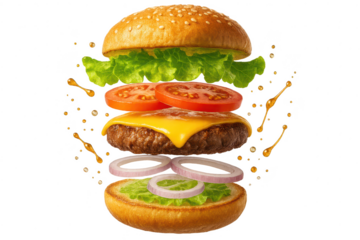 Deconstructed cheeseburger isolated on transparent background, tasty.