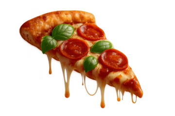 Delicious pepperoni pizza slice with dripping cheese isolated on transparent background