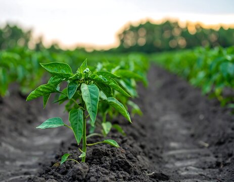 Young pepper plants in a neatly-organized field, close-up view