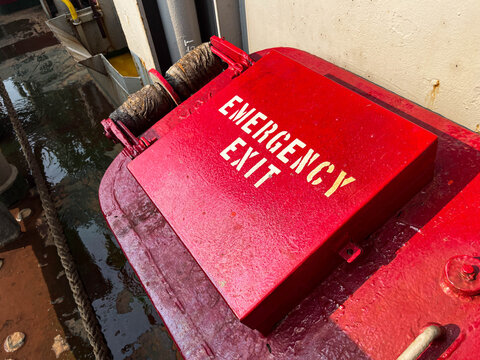 The emergency exit on board of the offshore support vessel. The hatch cover can be opened from inside and ensure that vessel crew can safely escape the space in case of emergency