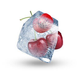Fresh cherries in clear ice cube isolated on white
