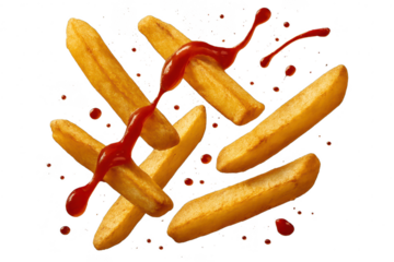 Crispy golden french fries with red ketchup splashes isolated on transparent background