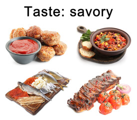 Different dishes with savory taste isolated on white, set