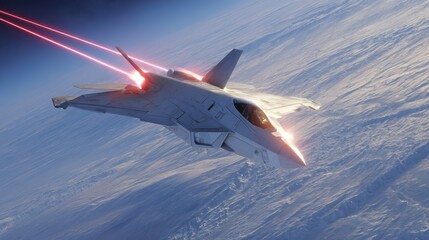 Fototapeta premium High-speed interceptor aircraft soaring through clear blue skies, leaving vibrant red contrails in its wake, set against a snowy backdrop.