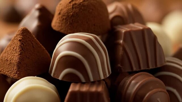 Assorted Chocolate Truffles - A close-up shot reveals a tempting pile of assorted chocolate truffles, each with unique decorations and flavors.