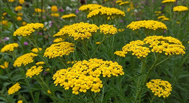 Bright yellow yarrow flowers blooming in a summer garden.