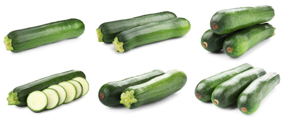 Fresh ripe zucchinis isolated on white, collage