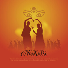 Happy Durga puja vector illustration design of peoples playing Dandiya dance.
