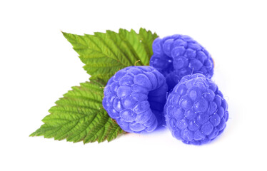 Fresh blue raspberries and green leaves isolated on white