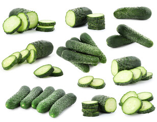 Fresh cucumbers isolated on white, collage. Whole and sliced