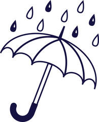 Umbrella cane outline icon in blue colors with rain drops isolated on white.