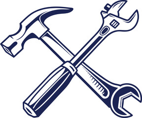 Hammer and wrench tools crossed for repair and construction vector