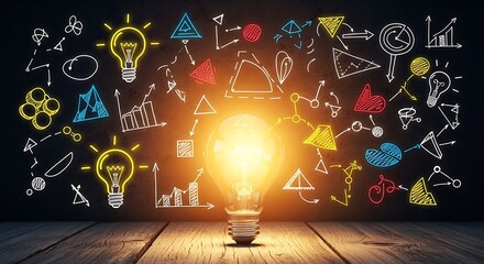 Illuminated Lightbulb with Hand Drawn Business Strategy Sketches