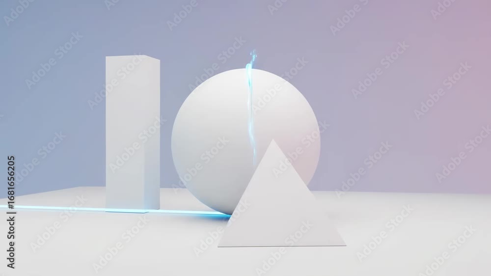 Poster minimalist geometric shapes 3d video - a clean, modern 3d video featuring a sphere, rectangular pris