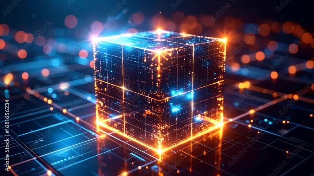 Wall mural glowing digital cube: abstract technology and data visualization
