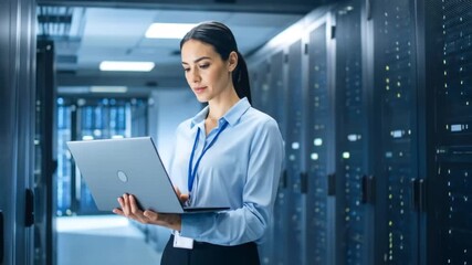 Woman Engineer Inspecting Server Room with Laptop for Data Security and Cloud Computing