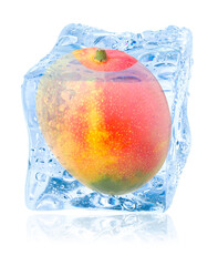 Ripe mango fruit in ice cube isolated on white
