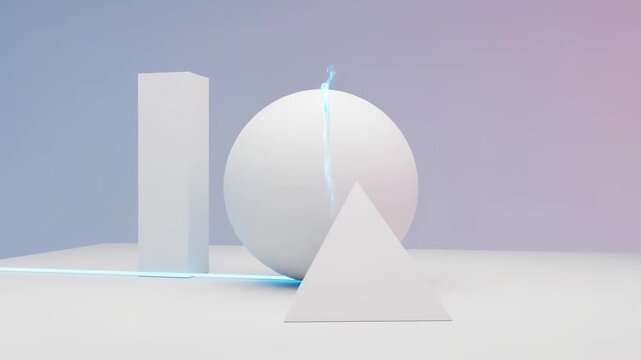 Minimalist Geometric Shapes 3D video - A clean, modern 3D video featuring a sphere, rectangular prism, and triangular pyramid.