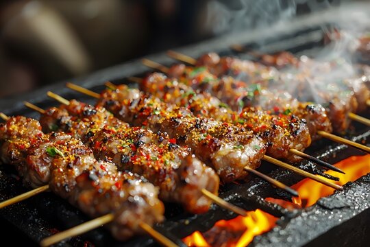 The sizzling lamb skewers are sprinkled with chili powder and cumin, set against the bustling backdrop of a barbecue stall