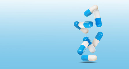 Pills falling against light blue gradient background. Banner design with space for text
