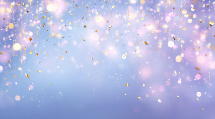 Soft pastel blue and lavender background with glowing bokeh lights and golden confetti creates dreamy, festive, and elegant atmosphere perfect for celebration or party themes