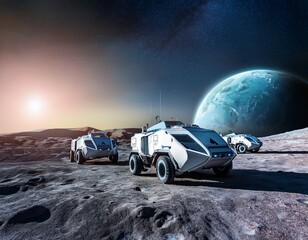 exploring the lunar surface with futuristic vehicles under an earthrise