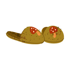 Warm house slippers or home cloth with mushroom. Vector seasonal hygge footwear for cold weather. Fall apparel with decoration. Garment icon. Wardrobe accessory and comfort feet stitched clothing.