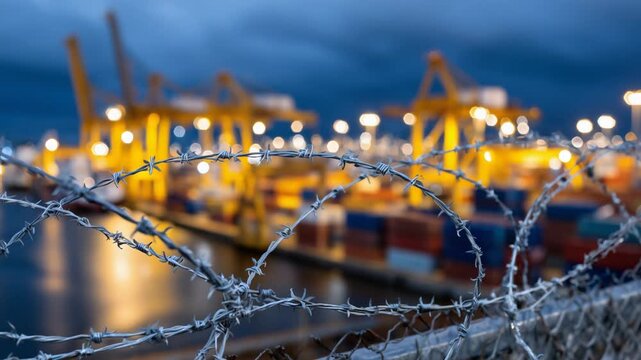 A vibrant cargo port with colorful containers and idle cranes, set against a backdrop of razor-sharp barbed wire and an ominous dusk glow.