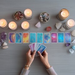 Hands of a woman holding tarot cards, surrounded by candles and crystals, creating a mystical atmosphere for divination and spiritual guidance in a serene setting