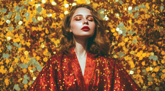Woman in red sequin robe with glamorous makeup and red lips stands against sparkling gold festive background, exuding confidence and elegance