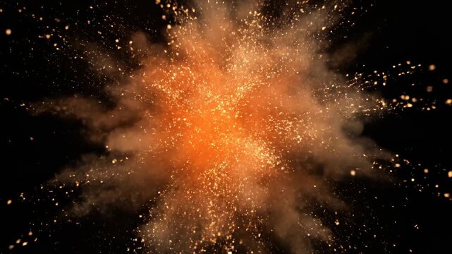 Abstract Orange Explosion - A vibrant orange explosion bursts against a black background, with particles radiating outwards creating a dynamic and energetic effect.