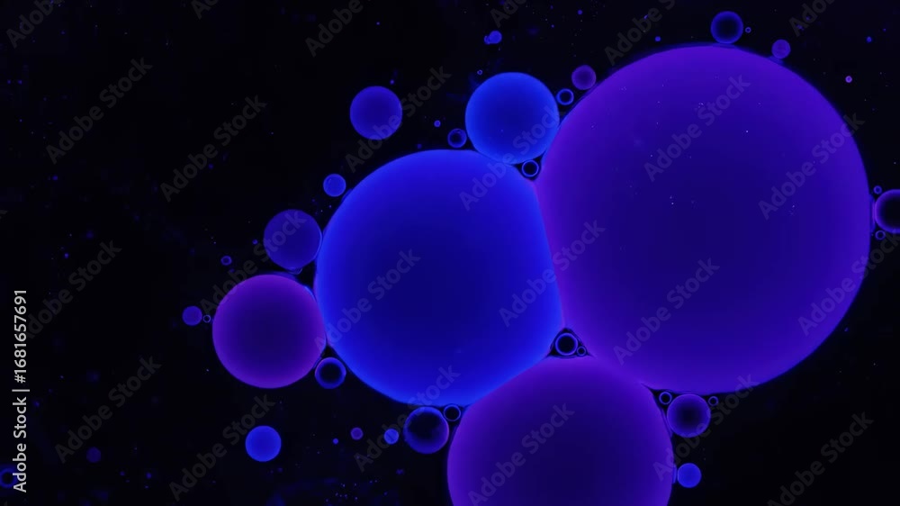 Poster glowing neon bubbles abstract background - close-up view of vibrant purple and blue bubbles floating
