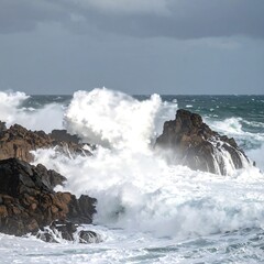 Powerful waves crashing against rocky coastline