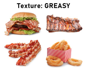 Foods with greasy texture on white background, set