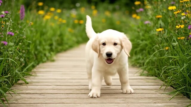 Golden Retriever Puppy Walking on Wooden Path - An adorable golden retriever puppy walks down a wooden path lined with wildflowers. The puppy is light cream in color and appears to be very young.