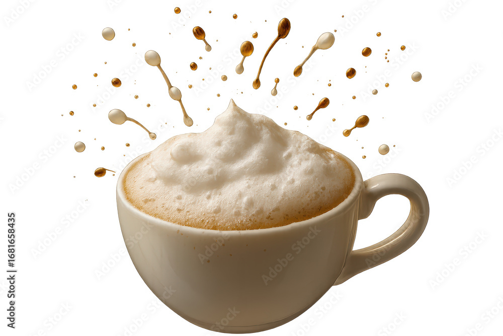 Poster dynamic coffee cup with frothy foam and splashes isolated on transparent background