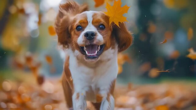 Energetic Cavalier King Charles spaniel mid-leap through vibrant fallen leaves, capturing spontaneous play with blurred woodland backdrop