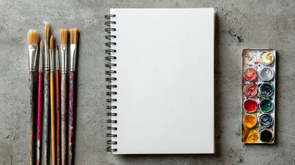 Watercolor painting set with brushes and blank notebook isolated on white background