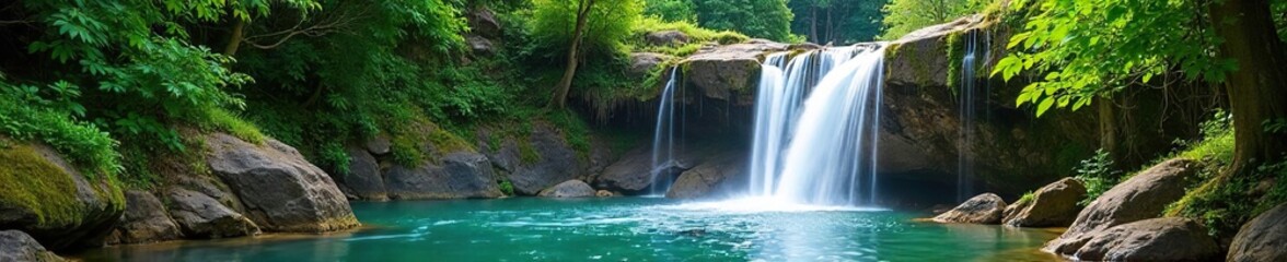 Fototapeta premium Idyllic Summer Waterfall Crystal Clear Pool, Lush Greenery, Cascading Water, Perfect for Relaxation and Travel