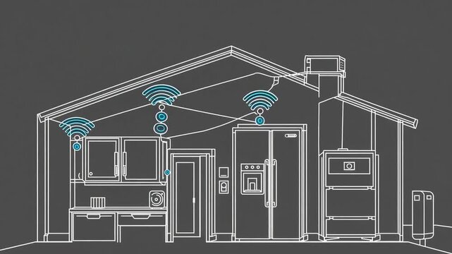 minimalist thin line flat design illustration depicting smart home automation system with various connected appliances under centralized wireless technology control system for monitoring and managing