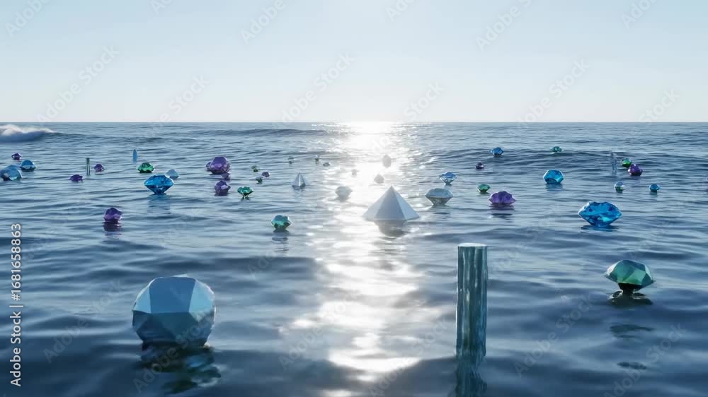 Poster glimmering gems on ocean waves - colorful gemstones of various shapes and sizes float gently on the 